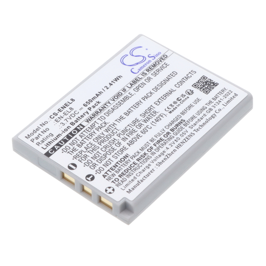 3.7V 650mAh Li-ion Akku f.:NIKON Model: EN-EL8, Coolpix P1, Coolpix P2, Coolpix S1, Coolpix S2, Coolpix S3, Coolpix S5, Coolpix S50, Coolpix S50c, Co