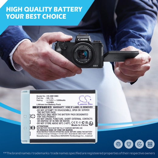 3.7V 1250mAh / 4.63Wh Li-ion Akku f.:Canon Model: NB-13L, Powershot G5X, PowerShot G5X M2, Powershot G7X, PowerShot G7X II, PowerShot G7X M2, PowerSh