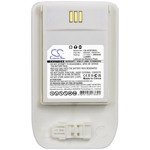 3.7V 800mAh / 2.96Wh Li-ion Akku f.:Ascom Model: 490933A, 660497, D63, D63 Messenger Lite, D63 Protector, D63 Talker Lite, DECT 3735, DH7, DH7-AABA,