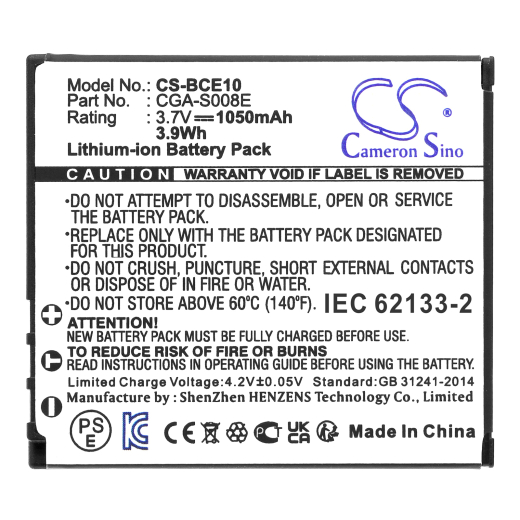 3.7V 1050mAh / 3.89Wh Li-ion Akku f.:Panasonic Model: CGA-S008, CGA-S008A, CGA-S008A/1B, CGA-S008E, CGA-S008E/1B, DMW-BCE10, DMW-BCE10E, RP-BP70L, VW-