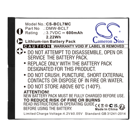3.7V 600mAh/2.22Wh Li-ion Akku f.:Panasonic Model: DMW-BCL7, DMW-BCL7E, Lumix DMC-F5, Lumix DMC-F5K, Lumix DMC-F5P, Lumix DMC-F5S, Lumix DMC-FH10, Lu