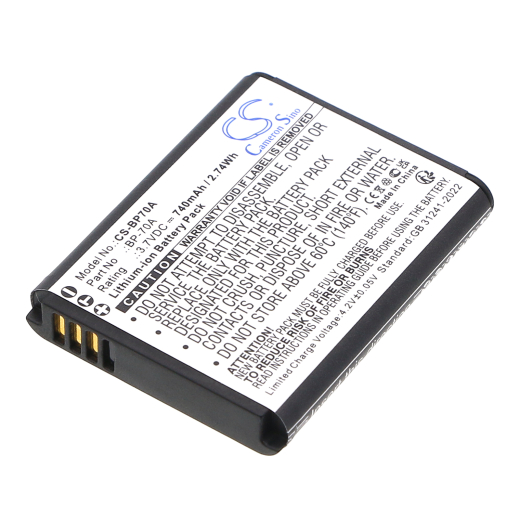 3.7V 740mAh / 2.74Wh Li-ion Akku f.:Samsung Model: BP-70A, BP-70EP, EA-BP70A, SLB-70A, AQ100, DV100, DV101, DV150, DV150F, DV90, EC-MV800ZBPBUS, EC-P