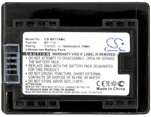 3.6V 1600mAh / 5.76Wh Li-ion Akku f.:Canon Model: BP-718, IXIA HF M56, IXIA HF R306, LEGRIA HF R36, LEGRIA HF R37, LEGRIA HF R38, VIXIA HF M50, VIXIA