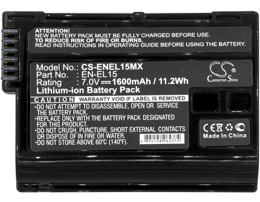 7.0V 1600mAh / 11.20Wh Li-ion Akku f.:Nikon Model: EN-EL15, EN-EL15A, EN-EL15B, EN-EL15c, 1 V1, Coolpix D7000, Coolpix D800, D500, D600, D610, D7000,