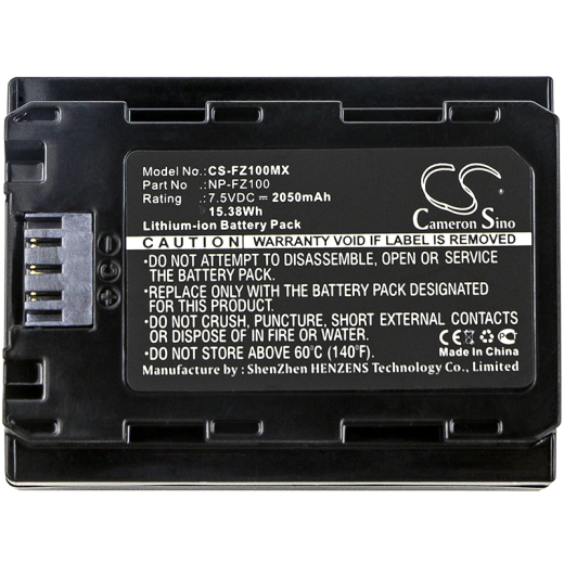 7.5V 2050mAh / 15.38Wh Li-ion Akku f.:Sony Model: BC-QZ1, CS-FZ100MC, CS-FZ100MX, NP-FZ100, A7 Mark 3, A7R Mark 3, Alpha a7 III, Alpha A7 Mark 3, Alp