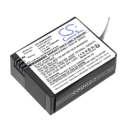 3.7V 1180mAh / 4.37Wh Li-ion Akku f.:GoPro Model: 1ICP7/26/33-2, 601-00724-00A, AHDBT-201, AHDBT-301, AHDBT-302, HD Hero3 Black Edition, HD Hero3 Whi
