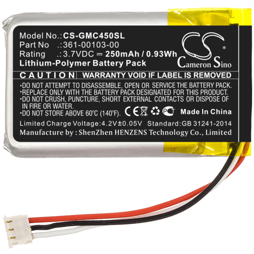 3.7V 250mAh / 0.93Wh 250mAh / 0.93Wh Akku f.:Garmin Model: 361-00103-00, 361-00103-01, 361-00103-10, Dash Cam 45, Dash Cam 47, Dash Cam 47W, Dash Cam
