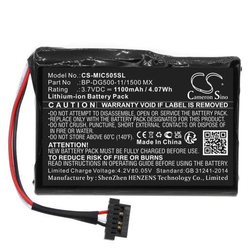 3.7V 1100mAh / 4.07Wh 1100mAh / 4.07Wh Akku f.:Mio Model: BP-DG500-11/1500 MX, cyclo 500 HC, cyclo 505 HC 1100mAh / 4.07Wh