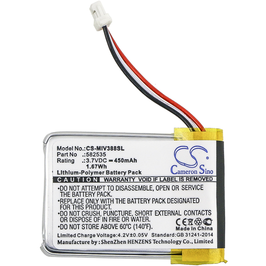 3.7V 450mAh / 1.67Wh 450mAh / 1.67Wh Akku f.:Mio Model: (1ICP6/26/36), 582535, MIVUE 308, MIVUE 328, MIVUE 358, Mivue 388 450mAh / 1.67Wh