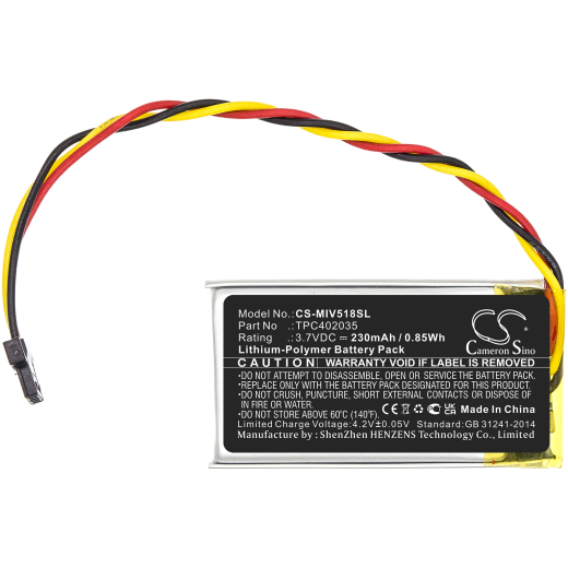 3.7V 230mAh / 0.85Wh 230mAh / 0.85Wh Akku f.:Mio Model: TPC402035, MiVue 508, MiVue 518, MiVue 528, MiVue 538, MiVue 568, MiVue 588, MiVue 608, MiVue