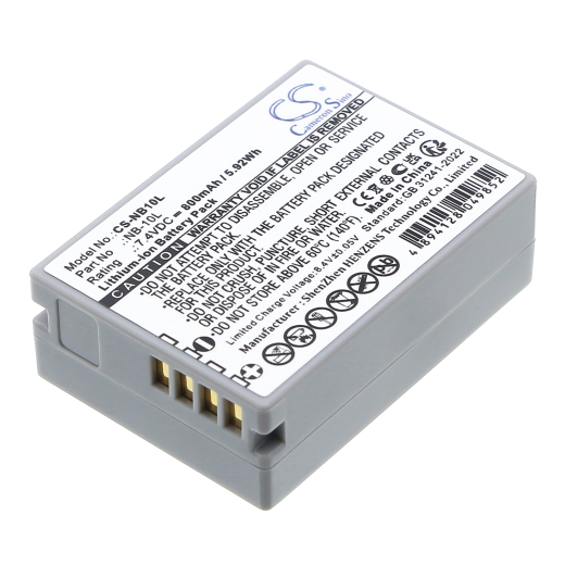 7.4V 800mAh / 5.92Wh Li-ion Akku f.:Canon Model: NB-10L, PowerShot G1 X, PowerShot SX40 HS