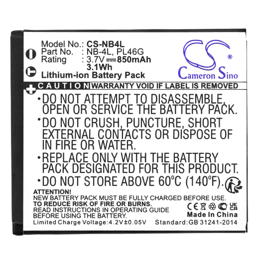 3.7V 850mAh/3.1Wh Li-ion Akku f.:Canon Model: NB-4L, PL46G, Digital IXUS 100 IS, Digital IXUS 110 IS, Digital IXUS 120 IS, Digital IXUS 130, Digital