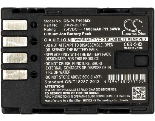 7.4V 1600mAh/11.84Wh Li-ion Akku f.:Panasonic Model: DMW-BLF19, DMW-BLF19E, Lumix DMC-GH3, Lumix DMC-GH3A, Lumix DMC-GH3AGK, Lumix DMC-GH3GK, Lumix D