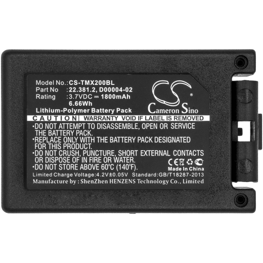3.7V 1800mAh / 6.66Wh 1800mAh / 6.66Wh Akku f.:Teleradio Model: 22.381.2, D00004-02, D4-02, M245060, TG-TXMNL, Transmitter Tele Radio TG-TXMN 1800mAh
