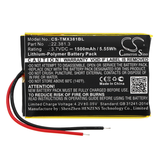 3.7V 1500mAh / 5.55Wh 1500mAh / 5.55Wh Akku f.:Teleradio Model: 22.381.3, TG-TX-MNL 1500mAh / 5.55Wh