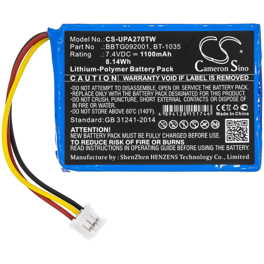 7.4V 1100mAh / 8.14Wh Li-Polymer Akku f.:Uniden Model: BBTG092001, BT-1035, Atlantis 270